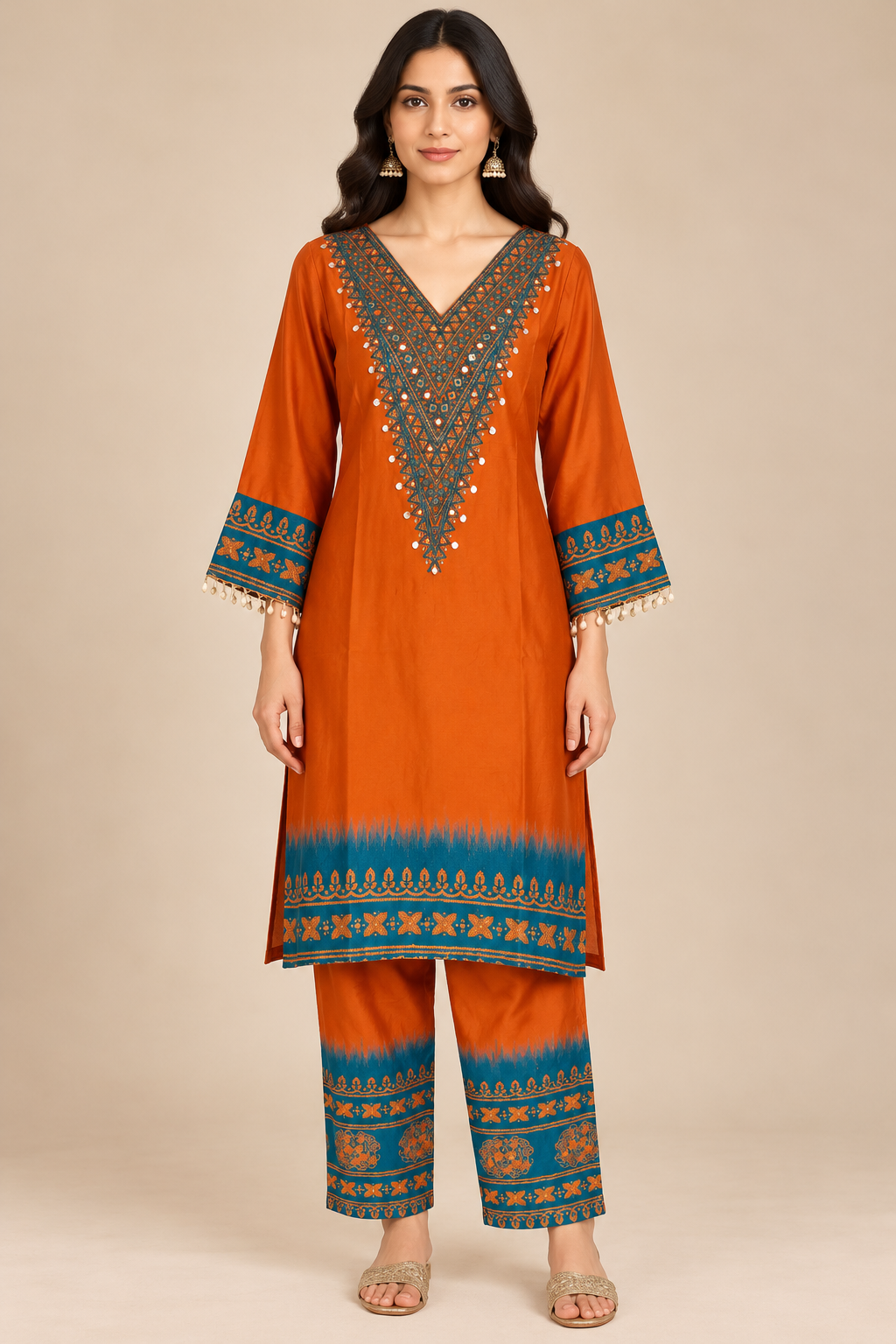 Rust Orange Kurta Set with Teal Embroidered Borders